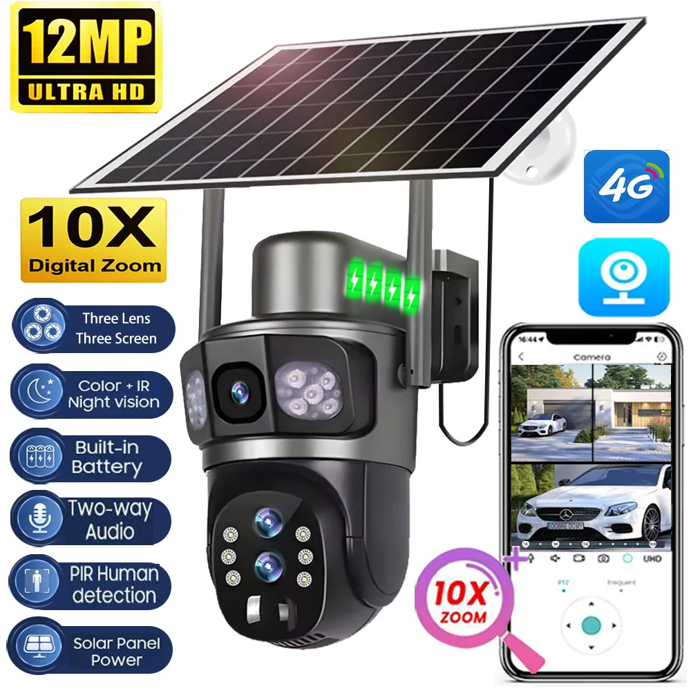 6K Solar 4G PTZ Cam 10X Zoom 3 Lens